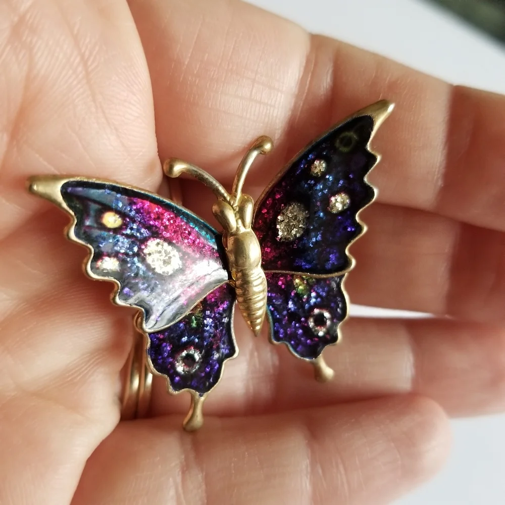Vintage butterfly brooch glitter enamel pink purple gold tone pin moth